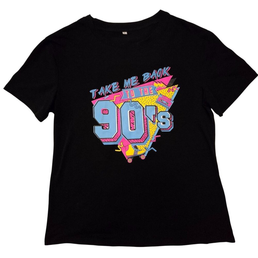 Women's Take Me Back To The 90s Graphic Black T-Shirt Retro Roller Skate Tee- L